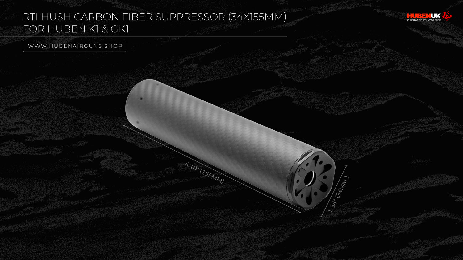 RTI Hush Carbon Fiber Suppressor (34x155mm) for Huben K1 & GK1 without adapter